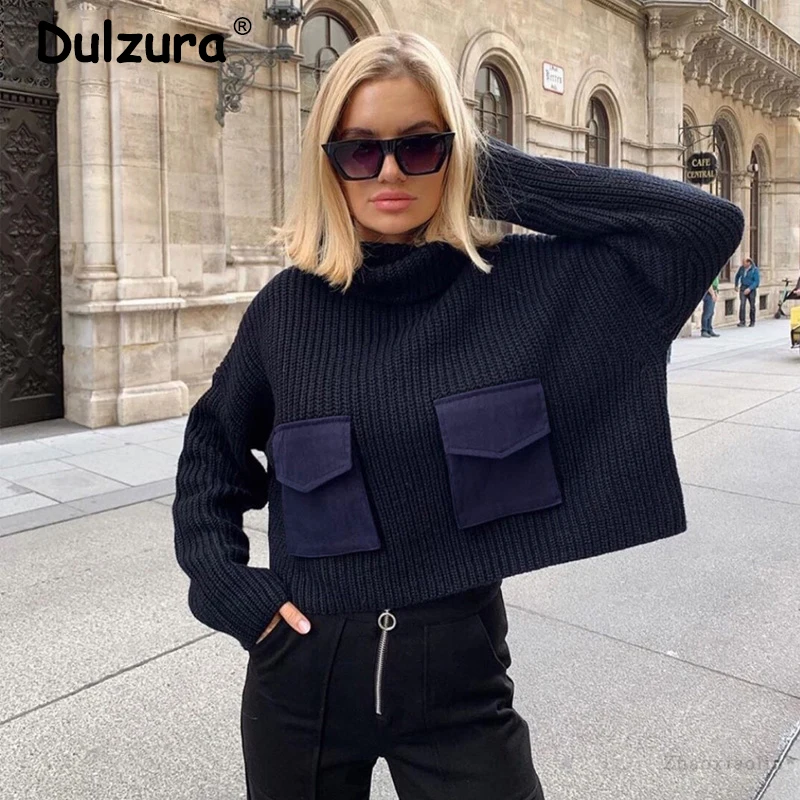 Модный свитер с двойным карманом и воротником-стойкой женский осенне-зимний