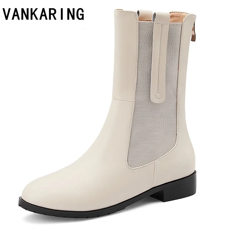 Punk style flats platform women ankle boots fashion soft leather ladies slip on chunky shoes beige black women's motorcycle soot