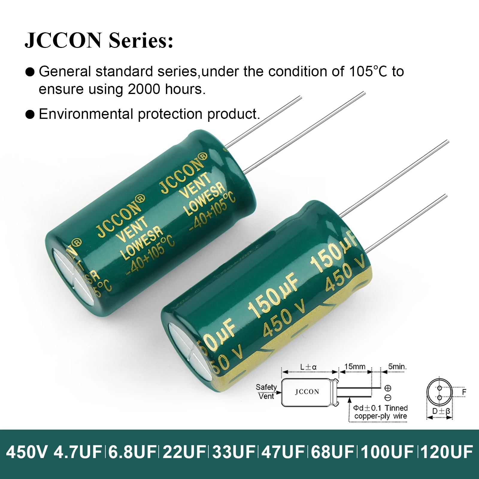 JCCON Aluminum Capacitor 6.3V 10V 16V 25V 35V 50V 63V 100V 400V 450V 100UF 220UF 330UF 680UF 1000UF 470UF High Frequency Low ESR