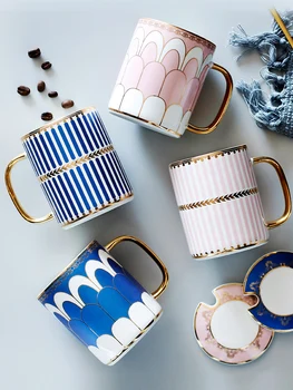 

Creative Couple Mugs Ceramic Bone China Porcelain Gold Print Stirring Cute Cup Coffe Tazas Para Cafe Kitchen Dining Bar KK60MK