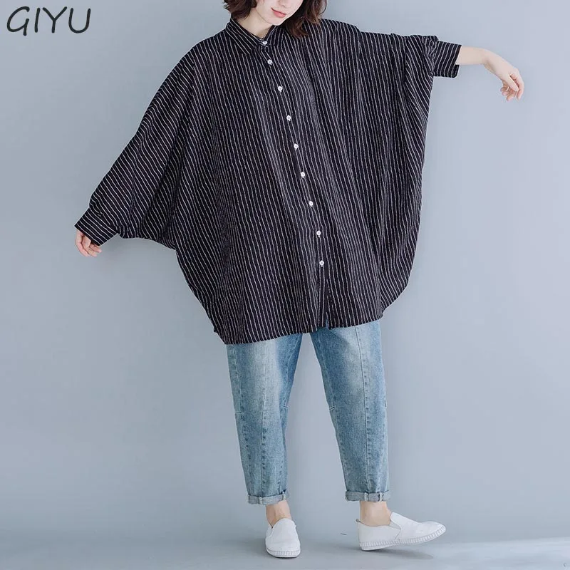 

New 2019 Autumn Women Striped Blouse Oversize Long Cardigan Long Sleeve Vintage Cotton Print Female Cotton Shirt Clothing 7XL