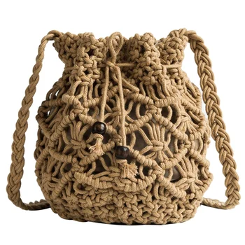 

FGGS-Woven Women's Bag Hemp Rope Hollow Bucket Bag Casual Wild Straw Bag Drawstring Shoulder Bag