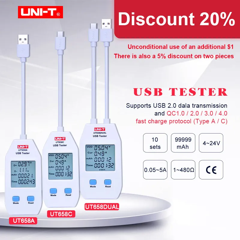 UNI-T LCD USB Charger Volt Amp Meter Power Capacity Tester Charging Detector Set 