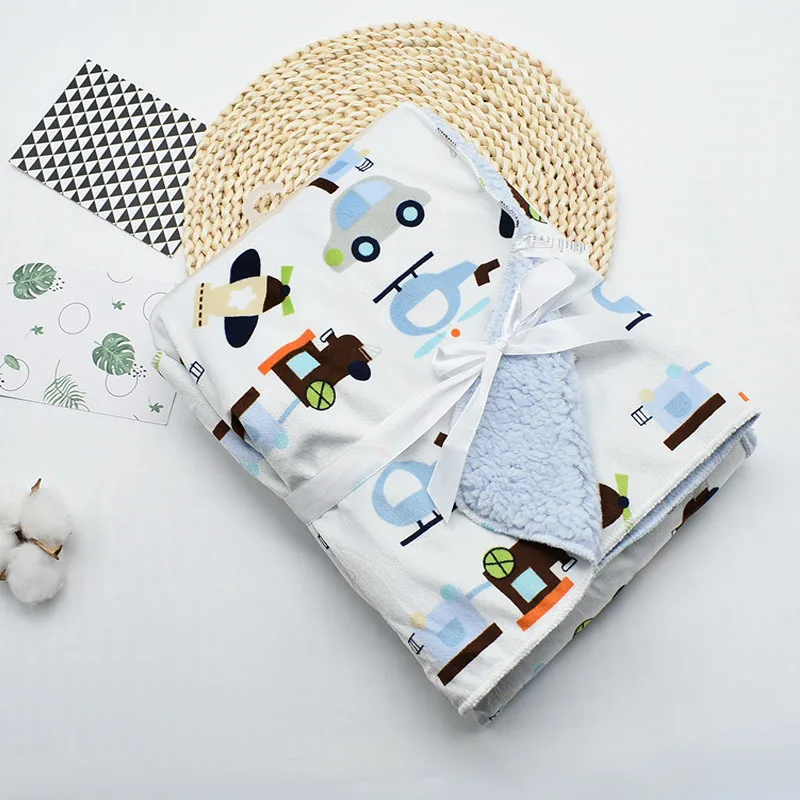 Baby Blankets New Thicken Double Layer Coral Infant Swaddle Bebe Envelope Wrap Printed Newborn Baby Bedding Blanket