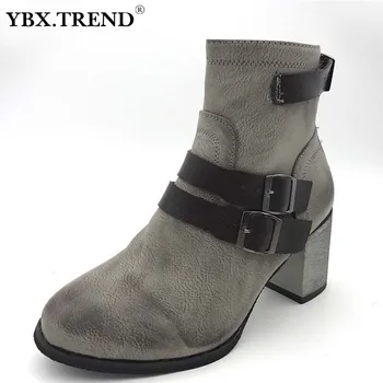 

Women Boots Ankle PU Leather Woman Zipper Belt Buckle Latform Shoes Female Hoof Heels Ladies Autumn Winter New Fashion Shoe