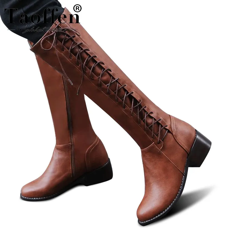 Taoffen/Сапоги до колена размера плюс 33-50 короткие плюшевые женские сапоги на низком квадратном каблуке на молнии ботинки на шнуровке с круглым носком