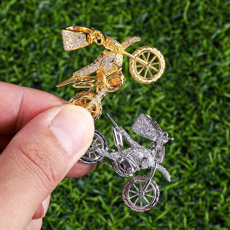HIP Hop Full AAA Iced Out Bling CZ Cubic Zircon Copper Motorcycle Pendants Necklaces For Men