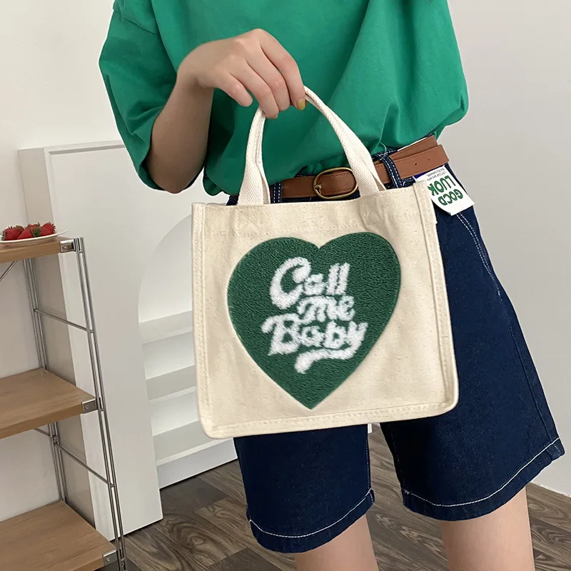 Cute Lunch Bag Heart Shape Canvas Picnic Tote Cotton Cloth Small