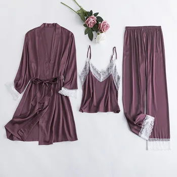 

Sexy Kimono Bathrobe Gown 3pcs Homewear Bride Wedding Robe Lace Women Intimate Lingerie Long Sleeve Satin Homewear Sleep Set