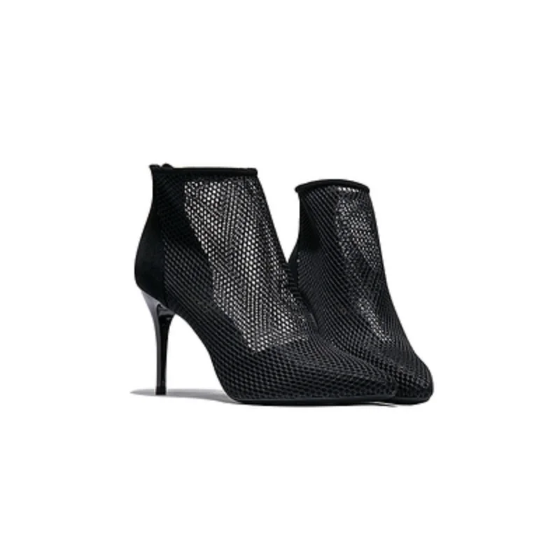

Pointed booties female spring and autumn single boots stiletto black mesh sexy hollow breathable retro Martin boots high heel bo