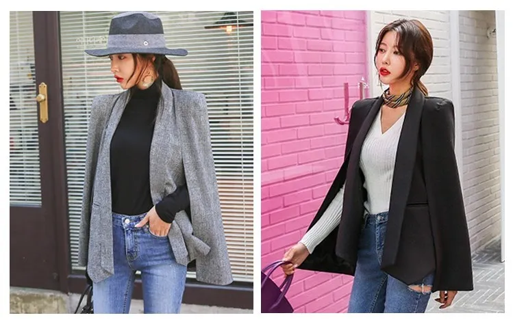 Chic Cloak Cape Blazer Women Work Wear Open Front Poncho Ladies Casual Split Long Sleeve Slim Jacket Blazer Mujer Black Plaid