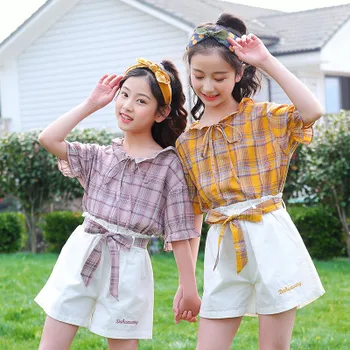 

7-11 year old girl suit new summer dress big boy fashion short sleeve girl striped T-shirt super shorts two piece set