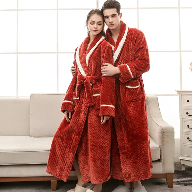 

Lovers Robe Flannel Ankle-length Nightgown Intimate Lingerie Sexy V-neck Sleepwear With Belt Home Clothing For Couple Negligee