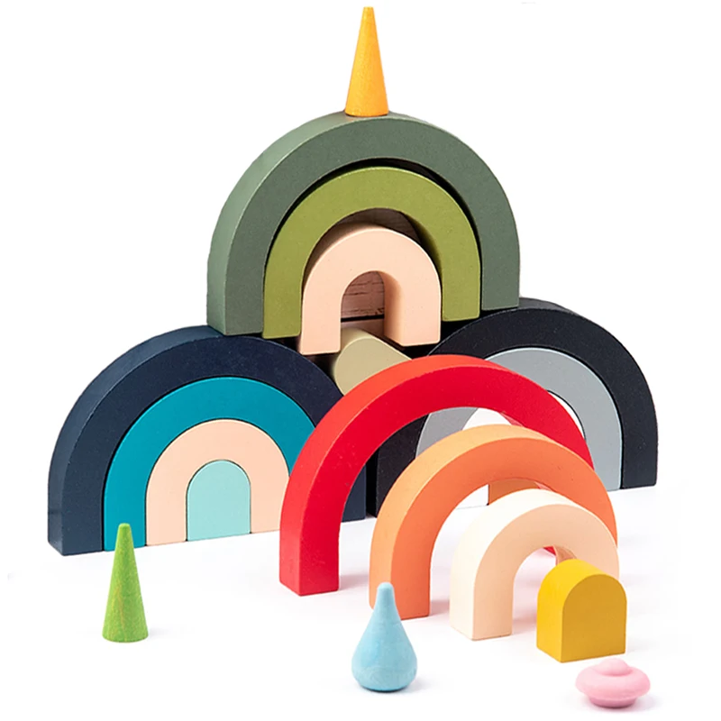Los niños del arco iris de madera de arco apiladas Montessori juguetes edificio de educación bloques de Jenga juego Ins estilo niños juguetes de habitación regalos bebé