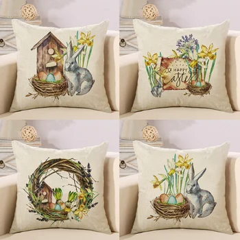 

4Pcs Easter Rabbit Print Pillow Case Natural Flax Cushion Cover Home Decor