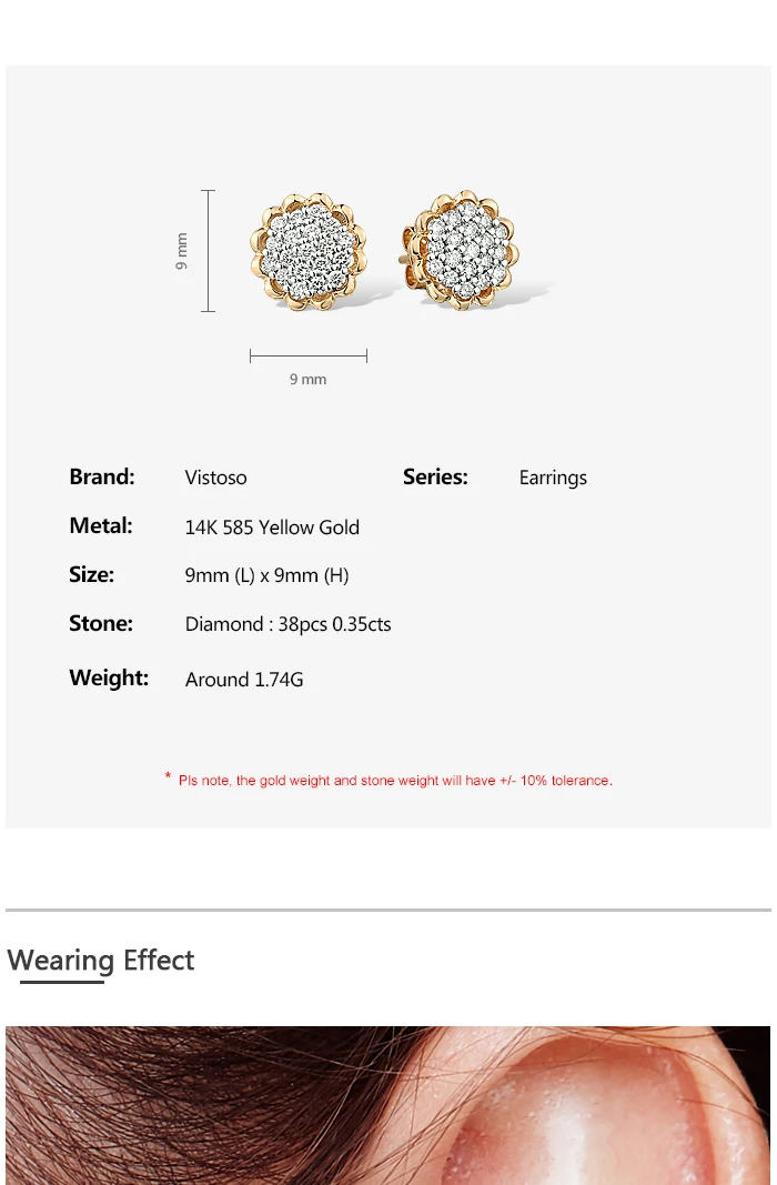 VISTOSO Gold Earrings For Women 14K 585 Yellow Gold Sparkling Diamond Dainty Sunflower Stud Earrings Fashion Trendy Fine Jewelry