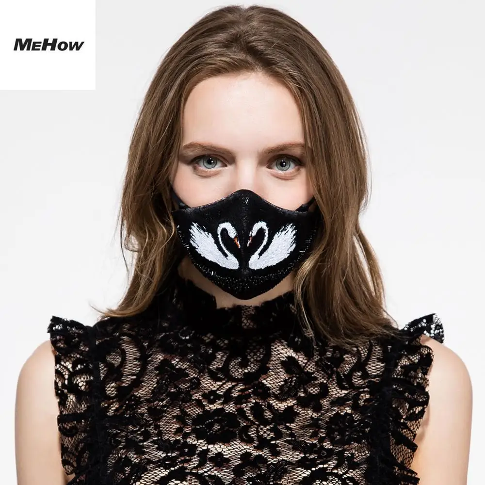 

(in stock) MeHow Mask KZ003 Free 5PCS N95 mask filters Fahion Women Embroidery Swan Masks Dust-proof Mouth Cover