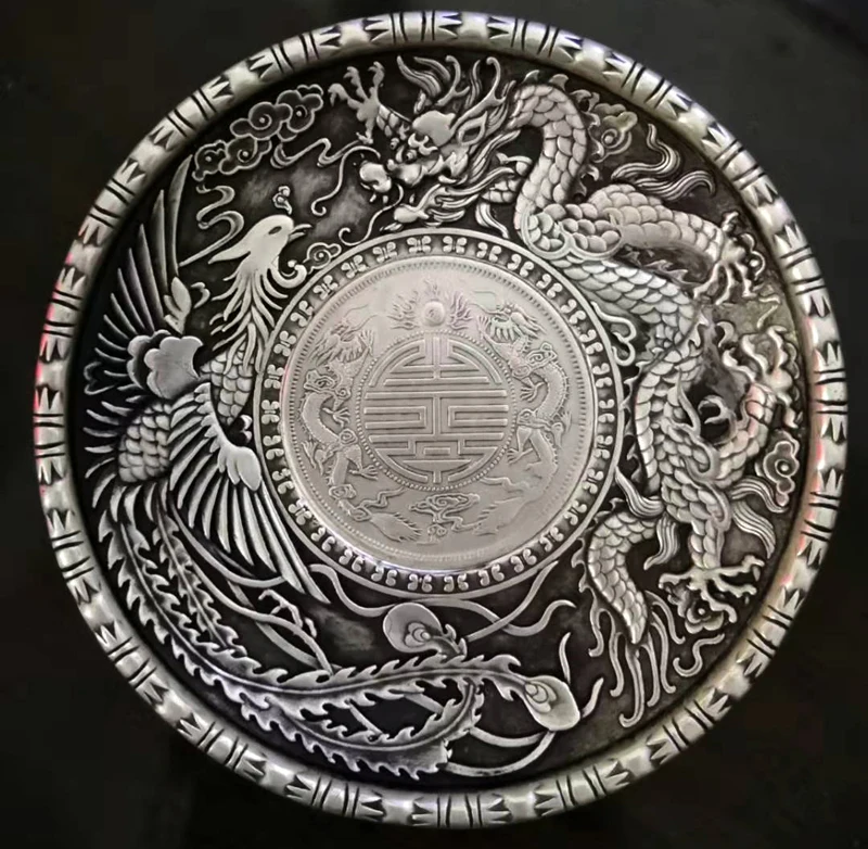 

9.7 cm */ China Tibet silver dragon phoenix statue round COINS plate