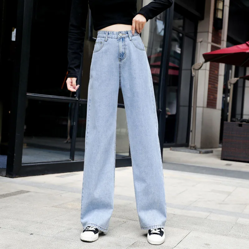 

Pockets High Waist Jeans Women Streetwear Straight Jean Femme Blue Cotton Straight pants Ladies Slim fit Wide leg pants trousers