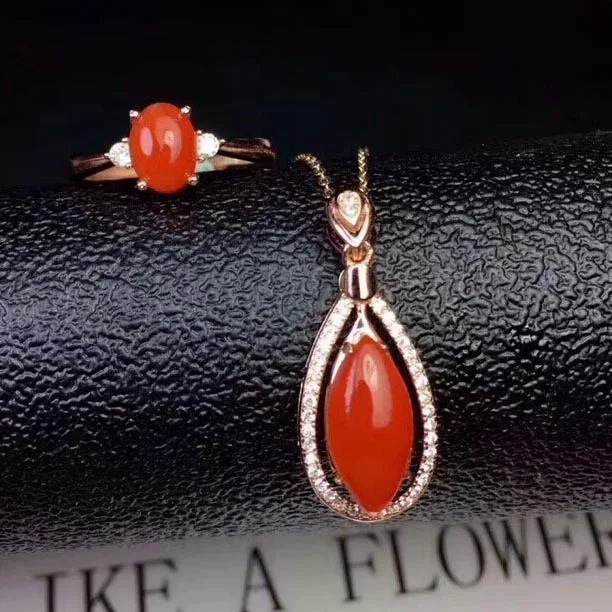 

MeiBaPJ Natural Red Coral Jewelry Set 925 Pure Silver Ring Pendant Necklace 2 Suits Fine Wedding Jewelry for Women