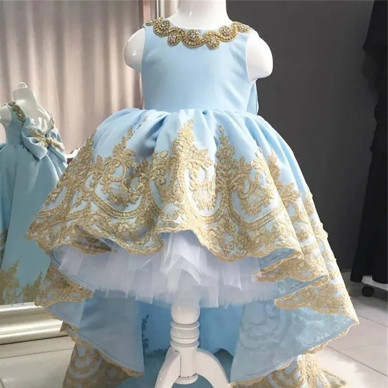 baby-66Sky Blue Girls Dresses for Birthday Party Puffy Satin Applique Lace Girls Birthday Dress Pageant Gown with Bow