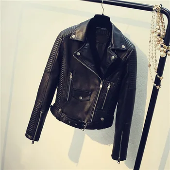 

Fashion Office Lady Women Faux Leather Jacket Solid Turn-down Collar PU Jackets and Coats Moto Biker Streetwear