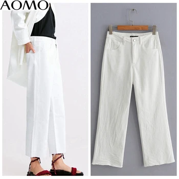 

AOMO fashion women white za jeans loose long trousers pockets streetwear female denim pants QJ41A