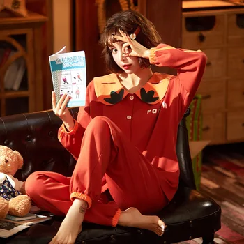 

QUEENX Pajamas Autumn Cotton Long Sleeve Women Sweet Japanese Cartoon ke acho Outer Wear Pantalettes Two Piece Suit Leisure Tops