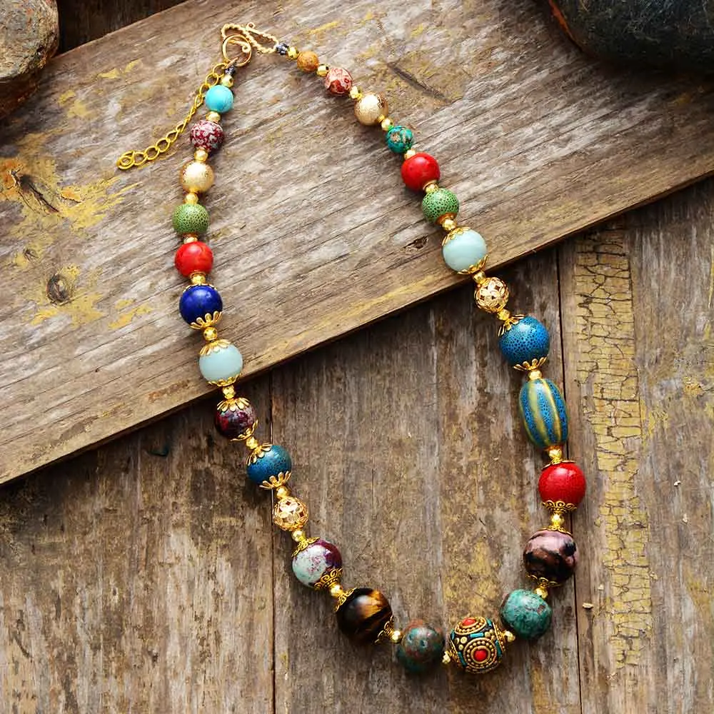 Luxury Natural Stone Gold Charm Statement Necklace Unique Beaded Bold