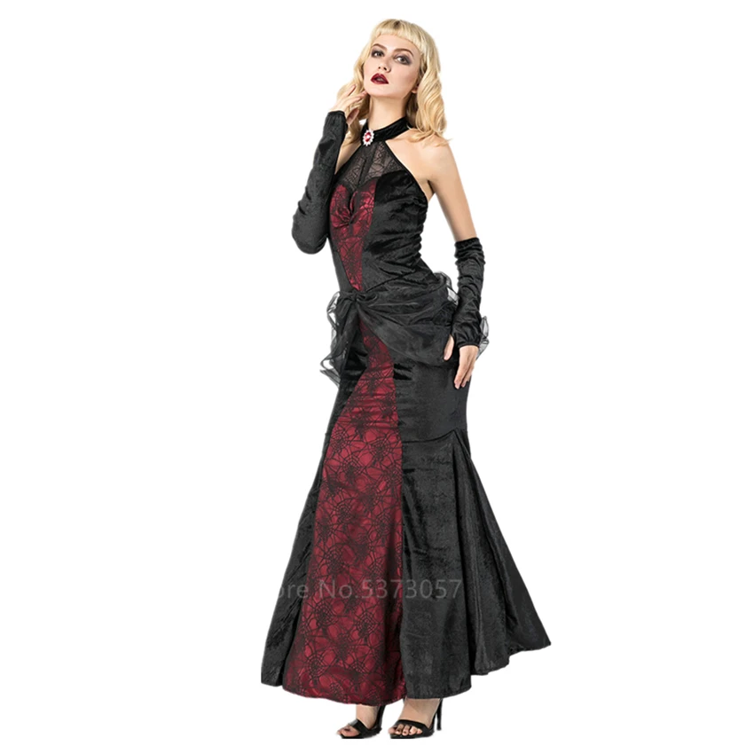Страшный Готический карнавальный костюм ведьмы вампира на Хэллоуин для женщин; роскошные карнавальные вечерние кружевные платья «рыбий хвост»