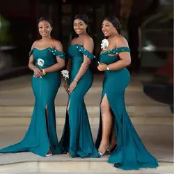 South African Green Bridesmaid Dresses Beaded Off the Shoulder Side Split Satin Wedding Guest Party Evening Formal Dress