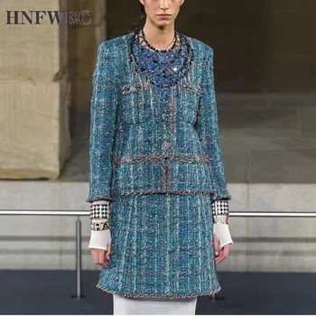 

High Quality Runway Jacket Women Autumn Elegant Round Neck Single Breasted Green Tweed Jacket Coat Office Lady Overcoat Y715