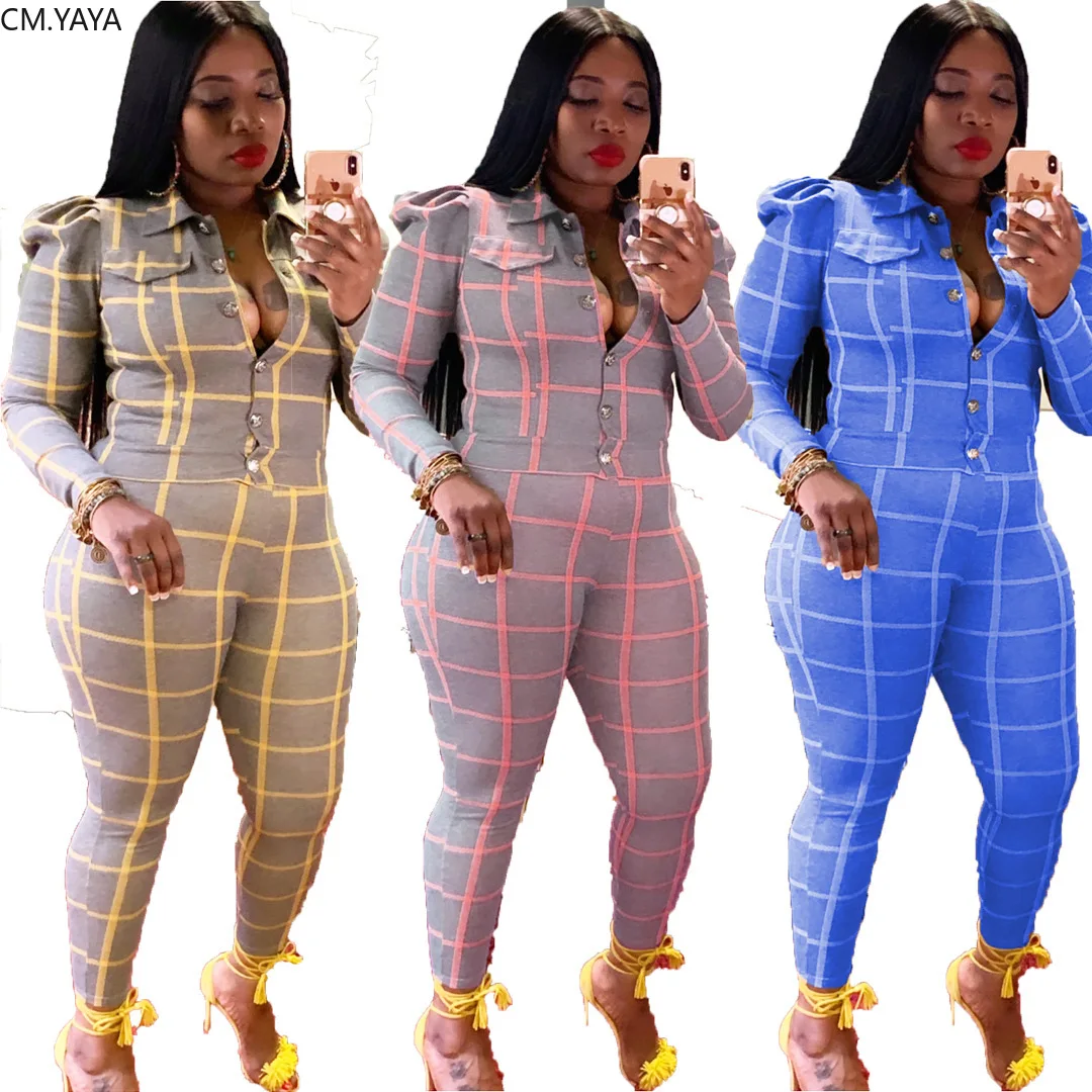 CM.YAYA Autumn Plaid Women's Suit Button Up Tops Pencil Pants Two Piece Set Women Outfits Workout Matching Sets Tracksuit |