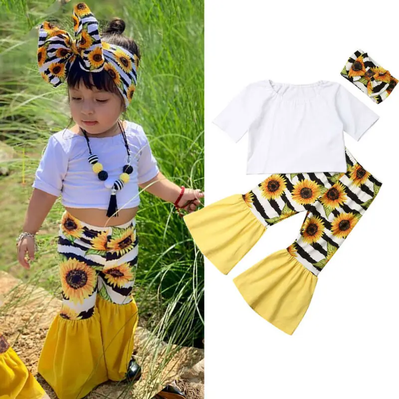 

Kids Toddler Baby Girls T-shirt + Sun Flower Wide Leg Pants Outfit Set Clohes