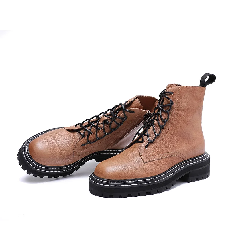 

Fashion Women HUIZUMEI Martins Boots Autumn Winter Motorcycle Ankle Platform Boots Ladies Black Real Cow Leather Softable Casual