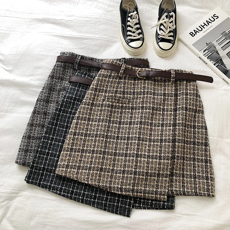 

Spring/Autumn Bag Hip Skirt Anti-exposure Skirt Korean Version of Retro Plaid High Waist A Short Skirt Belt Gothic Vintage Skirt