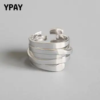 

YPAY 100% Pure 925 Sterling Silver Open Ring Big Smooth Geometric Multi-Layer Twist Punk Pary Fine Jewelry Bijoux Femme YMR517