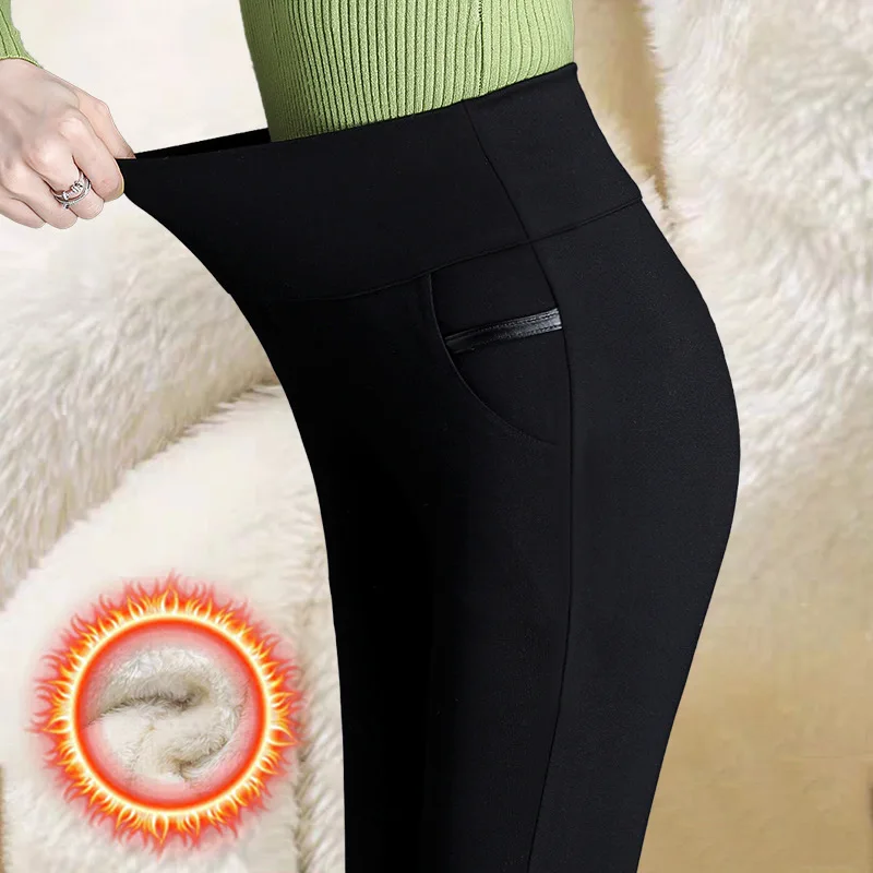 Nigrity, женские зимние теплые штаны, одноцветные, обтягивающие, толстый бархат, шерсть, флисовая подкладка, для девочек, с высокой талией, леггинсы, узкие брюки, женские брюки - Цвет: CP011-Black-cashmere