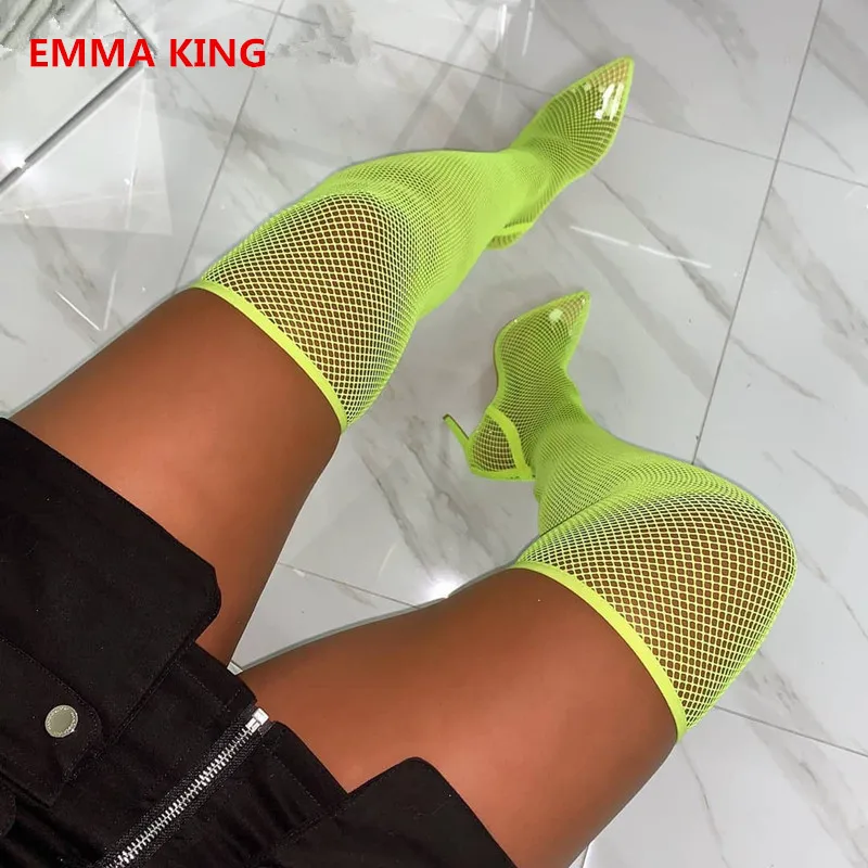 

EMMA KING Neon Yellow PVC Clear Mesh Women Thigh High Boots Long Boots 2019 Fashion Pointed Toe Stiletto High Heels Shoes Woman