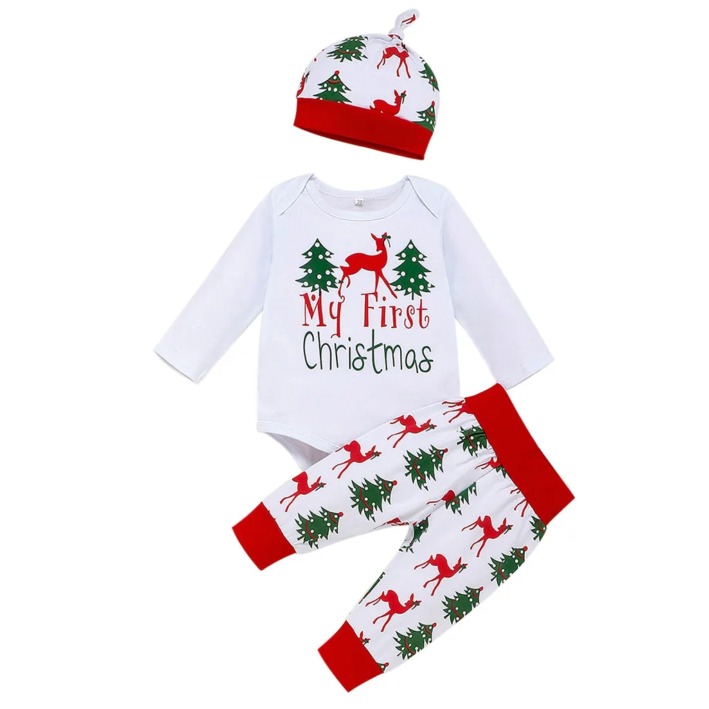 Одежда для младенцев; сезон осень-зима; Рождественский комбинезон с рисунком олененка для маленьких девочек и мальчиков; штаны; шапки; рождественские наряды; одежда для первого нового года