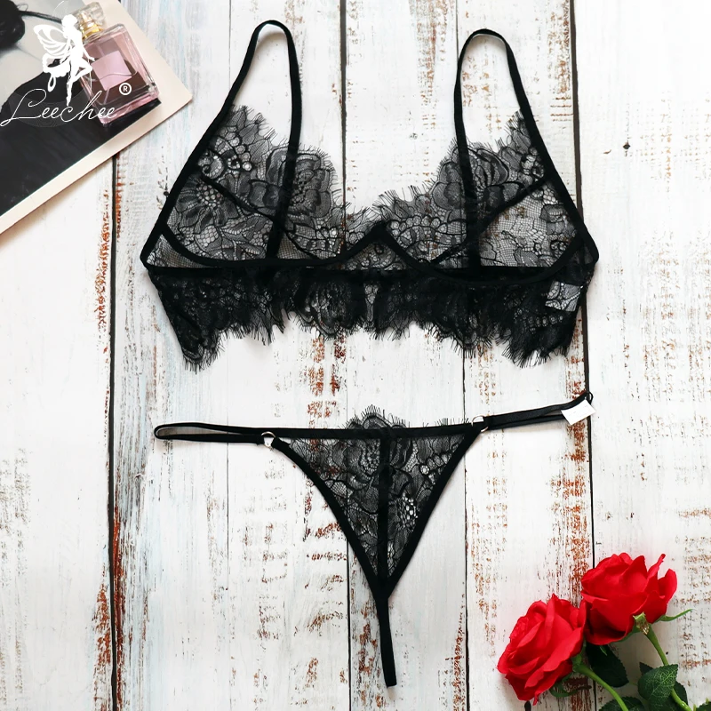

Leechee Women Lingerie Set Sexy Hot Erotic Underwear Plus size Lenceria See-through Eyelash Lace Bra G-String Three-Point suits