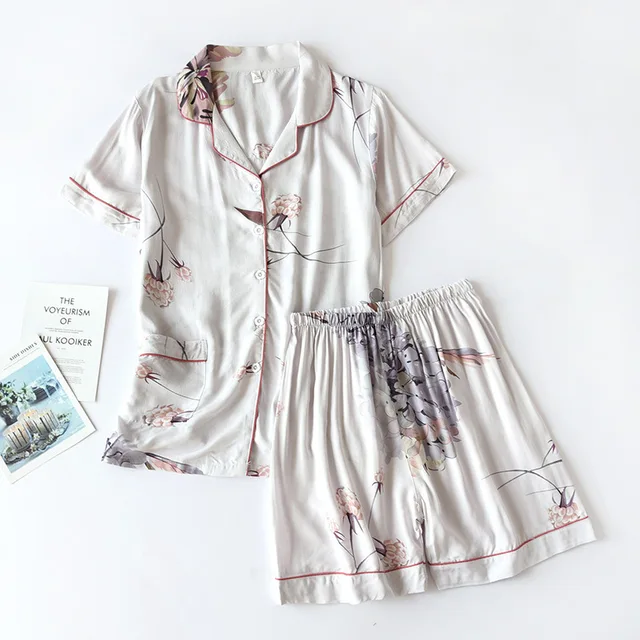 summer new women's pajamas thin section short-sleeved shorts large floral print pajamas home service ladies pajamas for women 09