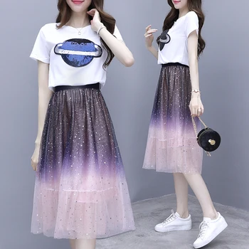 

2019 Summer Sequin Tops And Mesh Skirts Women Pleated Starry Sky 2piece Set Womens Gradient Elegant Shirts And Skirt Sets