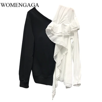 

Loose Loose Fit Black Contrast Color Ruffles Sweatshirt V-Neck Long Sleeve Women Big Size Fashion Tide Spring 2020 JOWB