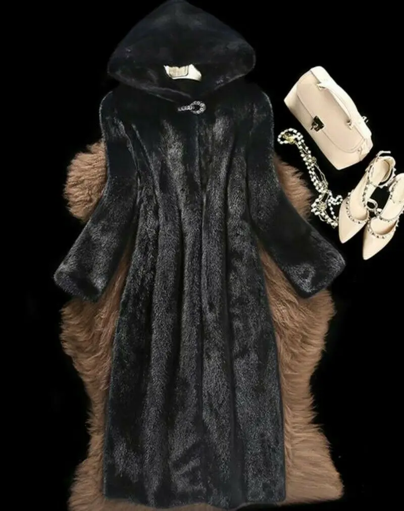 Длинное роскошное Норковое меховое пальто для женщин, зимнее повседневное пальто с капюшоном из искусственного меха, верхняя одежда, теплое уличное повседневное пальто, куртка S-6XL