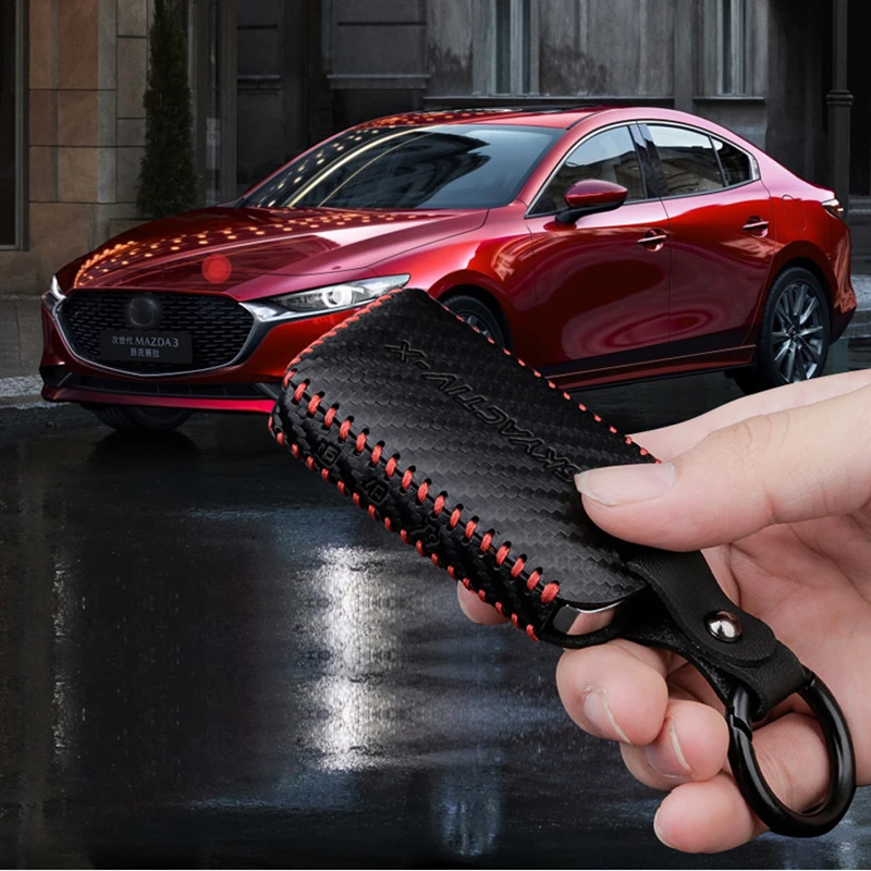 Верхний слой кожаный чехол для ключей для Mazda 3 Axela углеродное волокно 2/3 Кнопка автомобильный защитный чехол для ключа крышка оболочки Fob