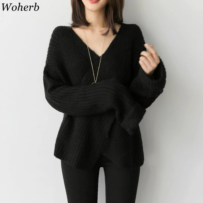 Woherb/женские свитера, новинка, Harajuku, винтажный вязаный пуловер, свитер, Осень-зима, одежда, джемпер с v-образным вырезом