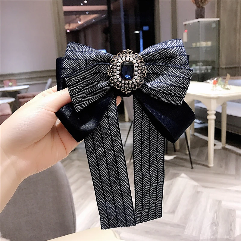 Korean Handmade Crystal Striped Ribbon Brooches for Women Rhinestone Collar Needle Neck Bow Tie Apparel Clothing Accessories | Украшения и