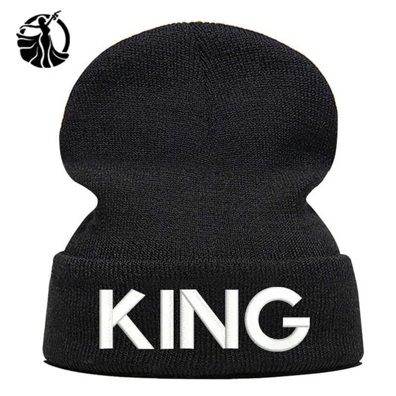 King Letter Beanie Hat Skullie шапка, вязаная шапка-носок зимняя Осенняя вязаная вышивка Кепка в стиле хип-хоп Мужская и женская Подростковая Кепка для уличных танцев черная