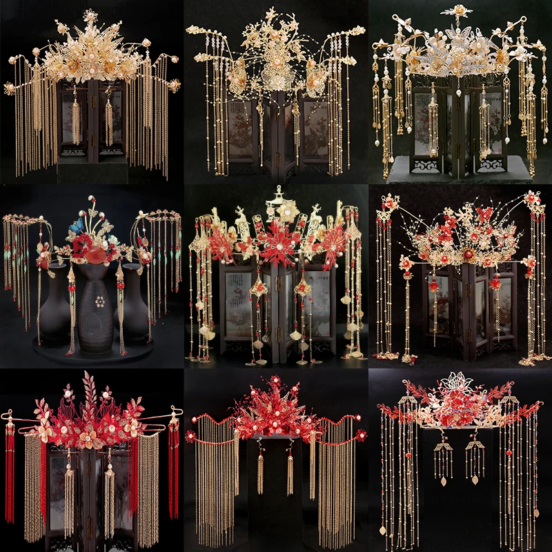 

Headdress Set Red Chinese Style Bridal Phoenix Crown Traditional Chinese Wedding Dress Wedding Accessories